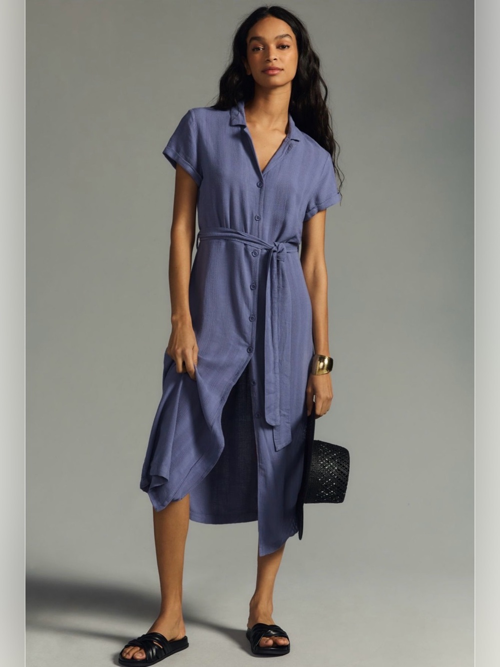 cloth & stone Navy Button-Front Maxi Shirt Dress